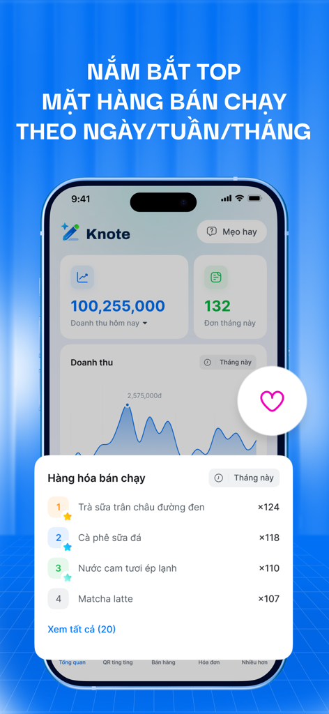 Knote - A screenshot of the Knote app showing a sales revenue dashboard and top selling products list in Vietnamese