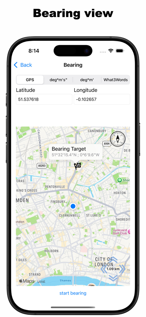 Compass - Professional - Kompass Professional App Peilungsansicht mit GPS-Koordinaten und Kartennavigation