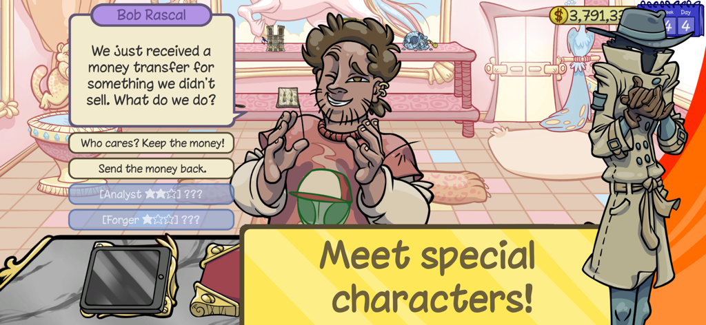 Dealer's Life 2 - A gameplay screen from Dealers Life 2 featuring character interactions and business dialogue choices