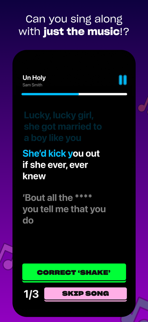 Blind Karaoke - Gameplay screen of the Blind Karaoke app showing lyrics and a Correct Shake button.
