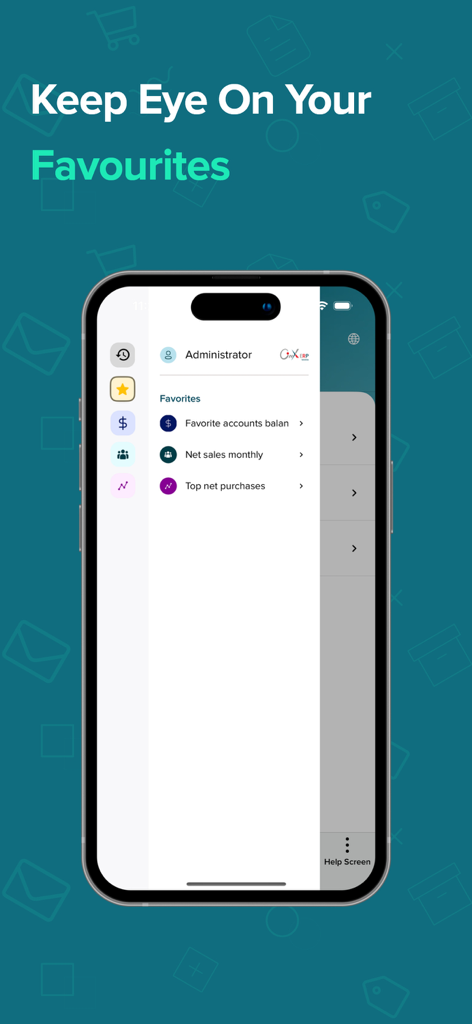 Onyx Pro Mobile dashboard displaying favorite business reports like net sales and account balances