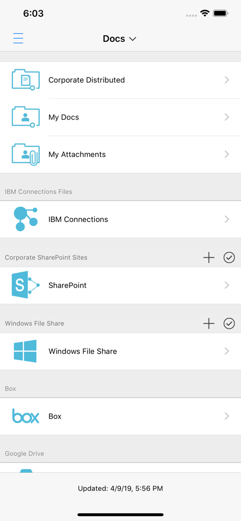 IBM MaaS360 - IBM MaaS360 app screen displaying centralized access to corporate documents and cloud storage like SharePoint and Box