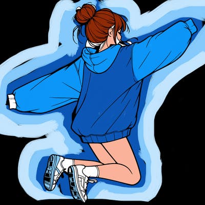 realistic girl jumping with a bun and oversized sweatshirt