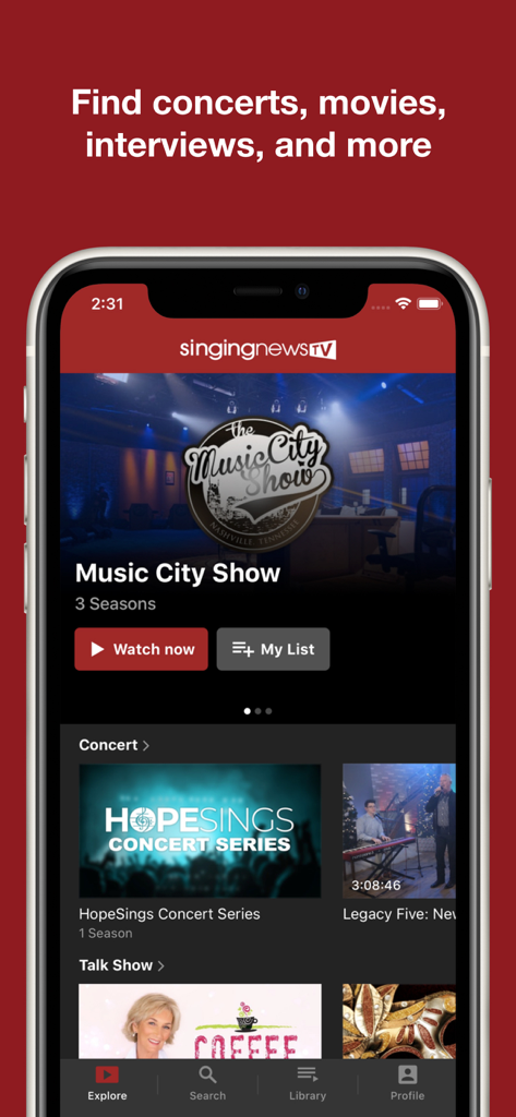 Singing News TV - Singing News TV app interface showing gospel concerts and family friendly shows