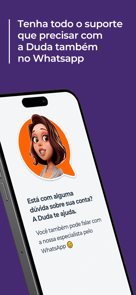 Tela de smartphone mostrando a assistente virtual do banco Bmg chamada Duda com uma mensagem sobre suporte via WhatsApp.