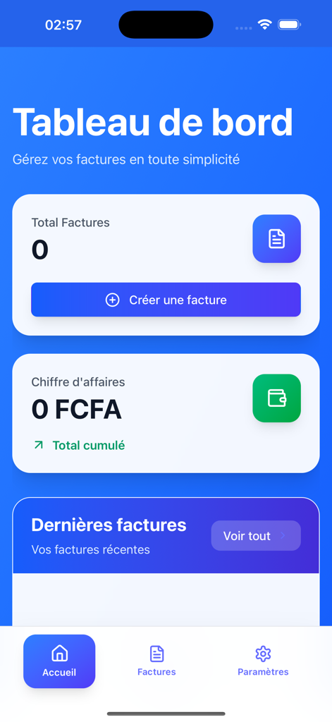 FACTURA PRO - Factura Pro mobile app dashboard showing invoice statistics and turnover in French