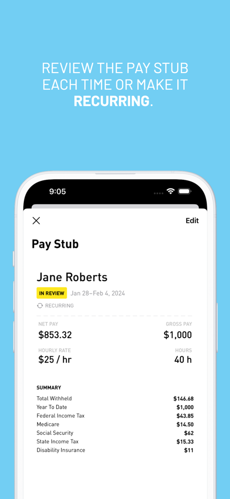 Nest Payroll app screen showing an employee pay stub with gross and net pay calculations including tax withholdings
