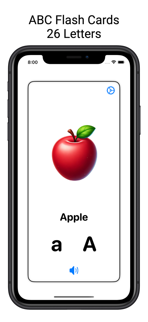 Alphabet Flash Cards for kids - Cartão de alfabeto digital para crianças apresentando a letra A e uma maçã.