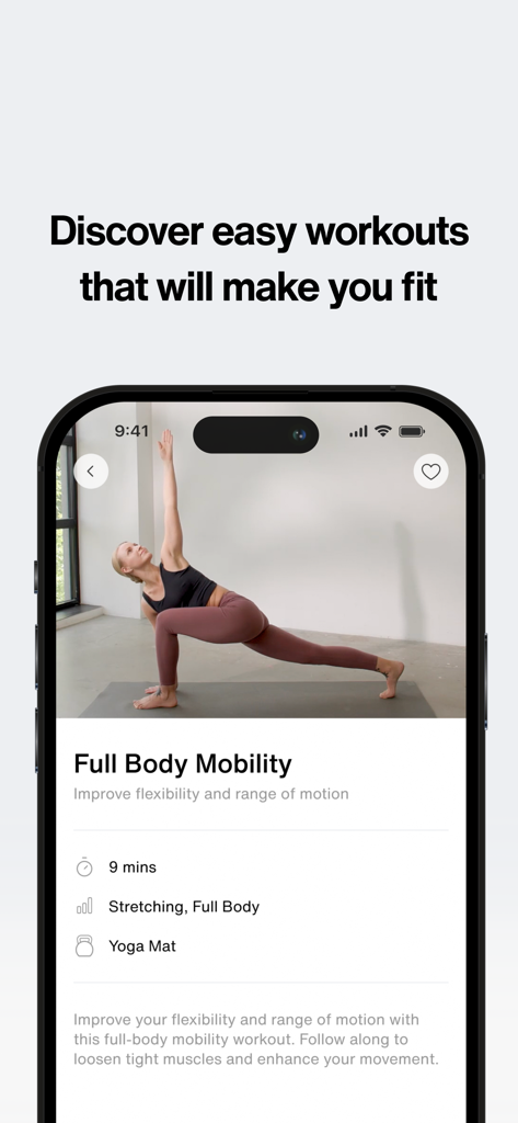 Carnimeat - Interfaz de entrenamiento de la aplicación Carnimeat que muestra una rutina de movilidad para todo el cuerpo y demostración en video.