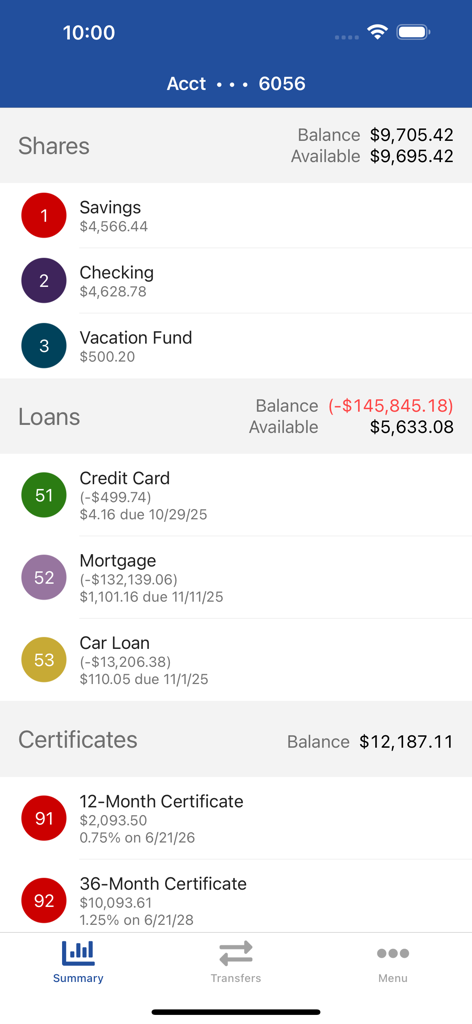 Account summary screen of the Police Credit Union mobile app showing balances for shares, loans, and certificates.