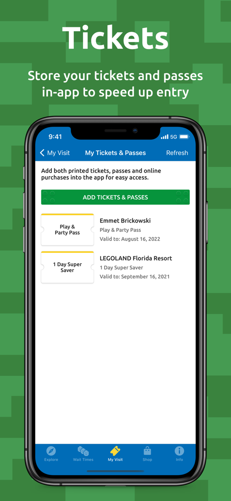 LEGOLAND® Florida Resort - LEGOLANDフロリダリゾートモバイルアプリのデジタルチケットウォレット、パークパスを表示