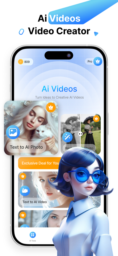 Interface do aplicativo móvel Open Art AI mostrando recursos de geração de texto para vídeo e foto com um personagem 3D.