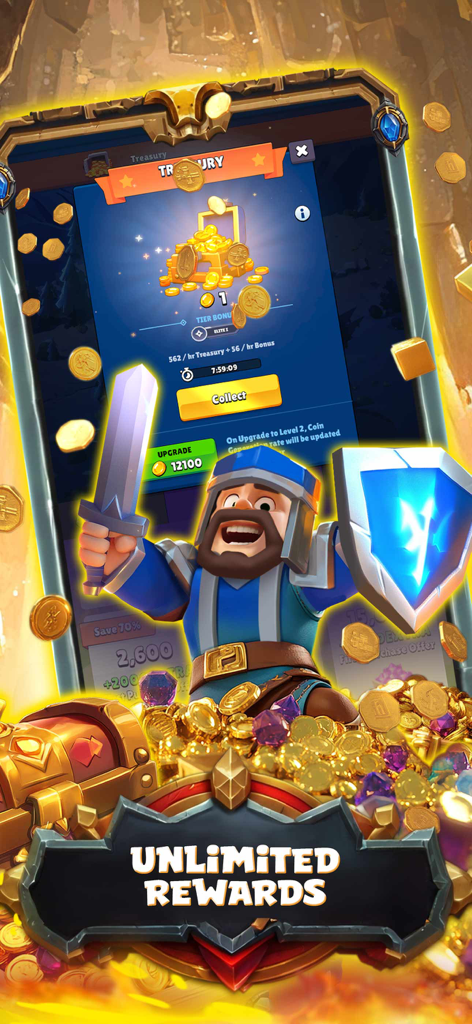 A cartoon knight standing in front of a treasure chest filled with gold coins and gems with the text Unlimited Rewards