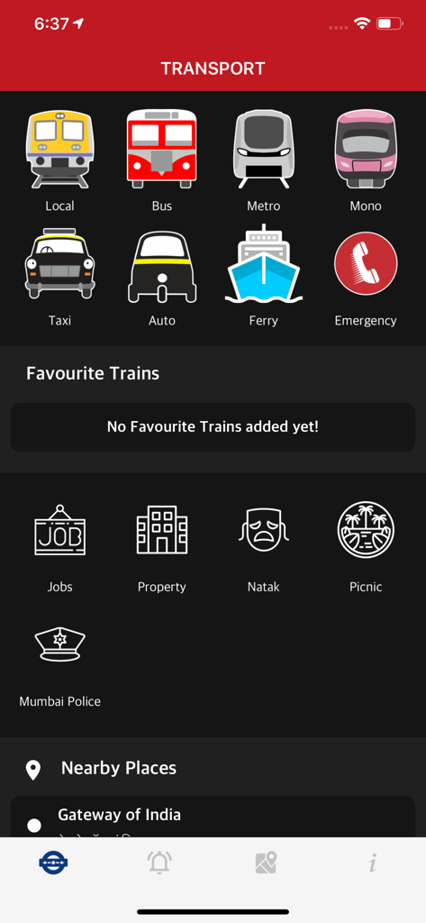 m-indicator app dashboard showing transport icons for mumbai local trains buses and taxis