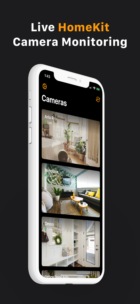 HomeCam for HomeKit - An iPhone screen displaying live camera feeds from various rooms using the HomeCam for HomeKit app.