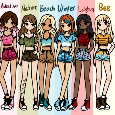 a group of girls wearing crop tops and shorts