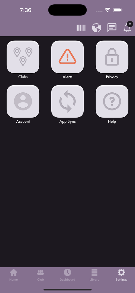 Settings menu of the VIDA Fitness app featuring icons for clubs, alerts, privacy, account, app sync, and help.