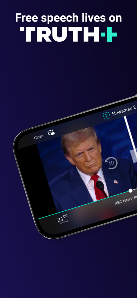 L'interface de l'application mobile Truth Plus jouant un flux d'informations en direct avec Donald Trump.