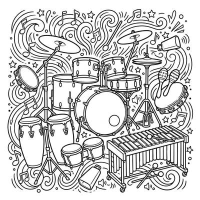 Get ready to color your own symphony with this incredible percussion instruments page! Featuring an exciting collection of drums, cymbals, and more, it's a perfect creative outlet for music enthusiasts.