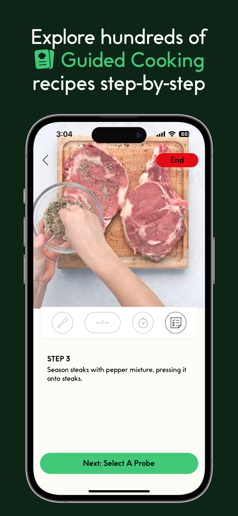 CHEF iQ - CHEF iQアプリの画面。ステーキの味付けに関するステップバイステップのガイド付き調理手順が表示されています。