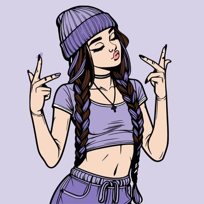 realistic teenage girl with braids and a beanie and crop top doing 🫶🏼