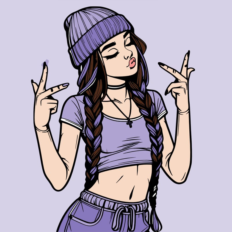 realistic teenage girl with braids and a beanie and crop top doing 🫶🏼