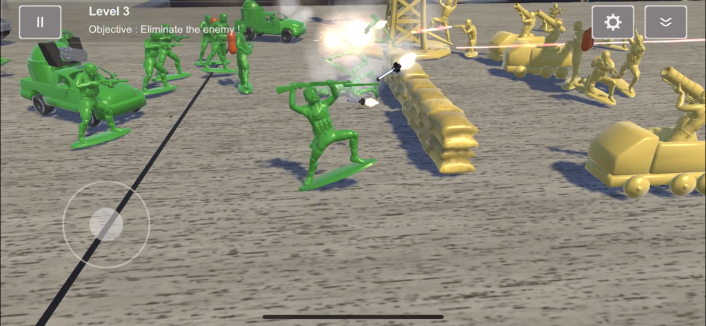 Green toy soldiers and vehicles attacking tan units in a strategic battle simulation.