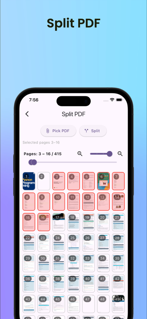 Sejda Pro PDF Editor - Pantalla de iPhone mostrando la función Dividir PDF de Sejda Pro con una cuadrícula de páginas de documentos y controles deslizantes de selección.