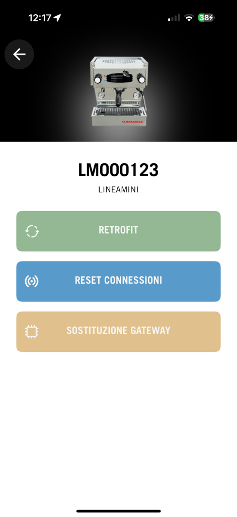 Menú de servicio para una La Marzocco Linea Mini que muestra opciones de reemplazo de retrofit y gateway