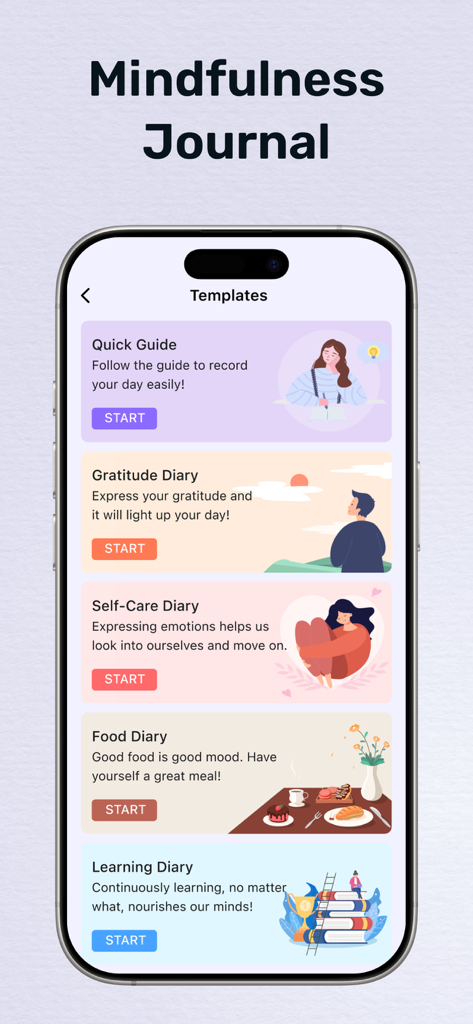 Un smartphone que muestra varias plantillas de diario, incluyendo diarios de gratitud, autocuidado y comida dentro de la aplicación Mi Diario.