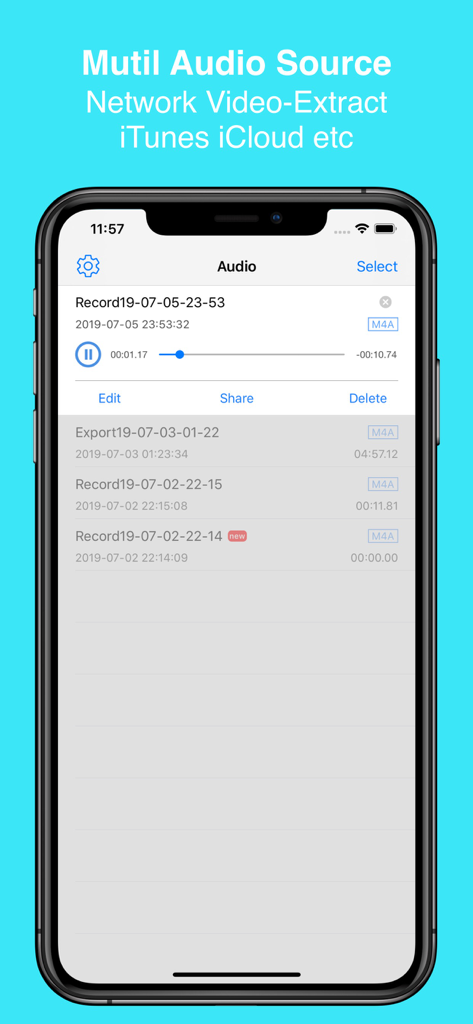 EZAudioCut - Audio Editor Lite - EZAudioCut app interface showing a list of recordings and options for importing audio from iTunes and iCloud.