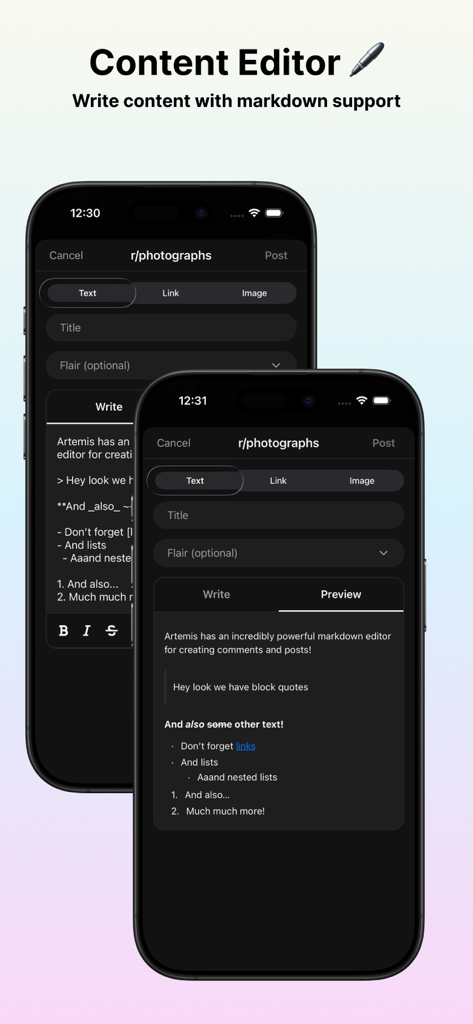 Artemis for Reddit - Artemis for Reddit content editor showing markdown support and post preview mode on an iPhone