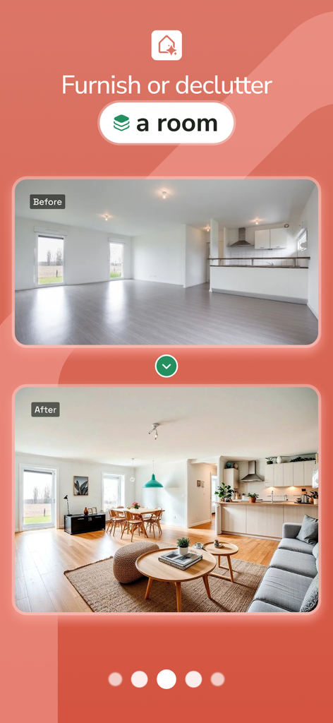 Vorher-Nachher-Vergleich eines leeren Raumes, der mithilfe von KI-virtuellem Staging in ein möbliertes Wohnzimmer verwandelt wurde.