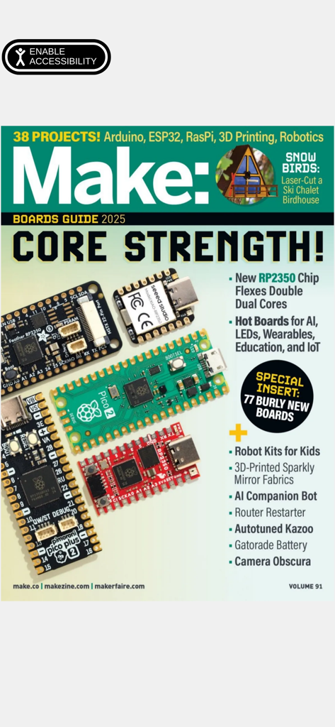 Portada de Make Magazine con la Guía de Placas 2025 y varias placas microcontroladoras electrónicas