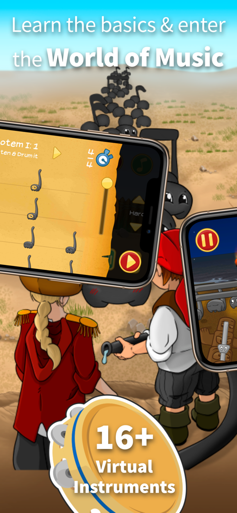 Learn music: Rhythmic Village - Rhythmic Village app interface showing music notation and characters with 16 plus virtual instruments
