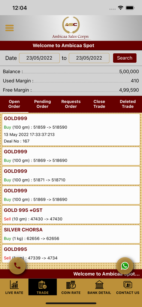 Ambicaa Spot - Ambicaa Spot trading interface with open orders for gold and silver