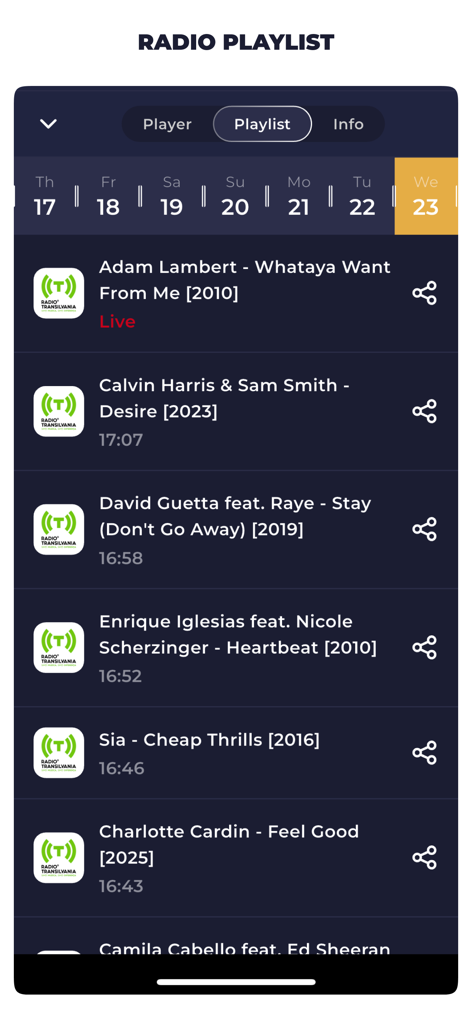 Radio Romania Live Online FM - Pantalla de lista de reproducción de la aplicación Radio Romania mostrando una lista de canciones reproducidas recientemente con fechas y opciones para compartir