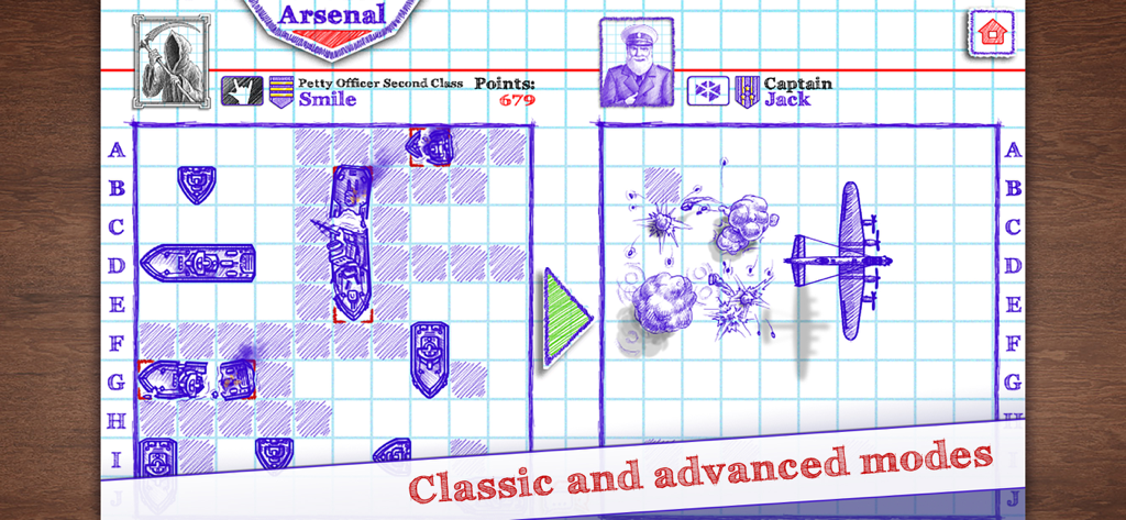 Sea Battle 2 - Sea Battle 2 gameplay featuring notebook style graphics with ships and an airplane attack