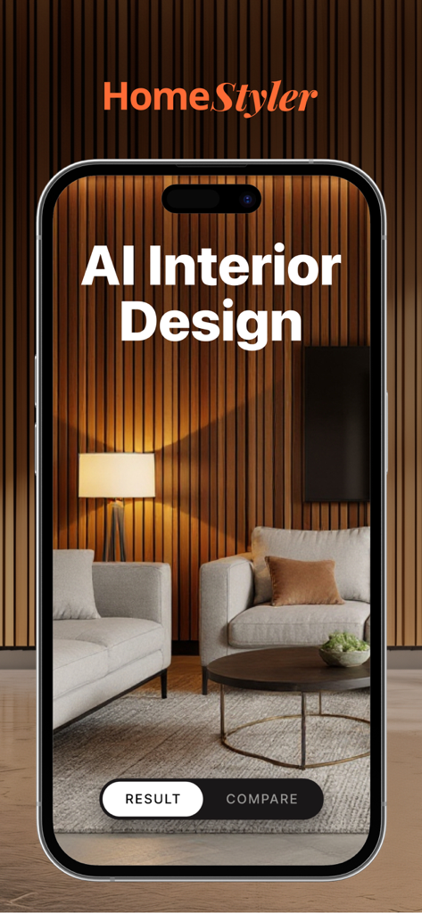 Homestyler app displaying an AI generated modern living room with wood paneling and stylish furniture