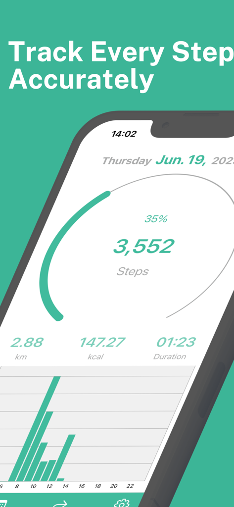 Step Counter Maipo app showing daily step count and activity statistics.
