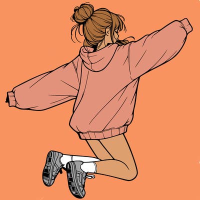 realistic girl jumping with a bun and oversized sweatshirt