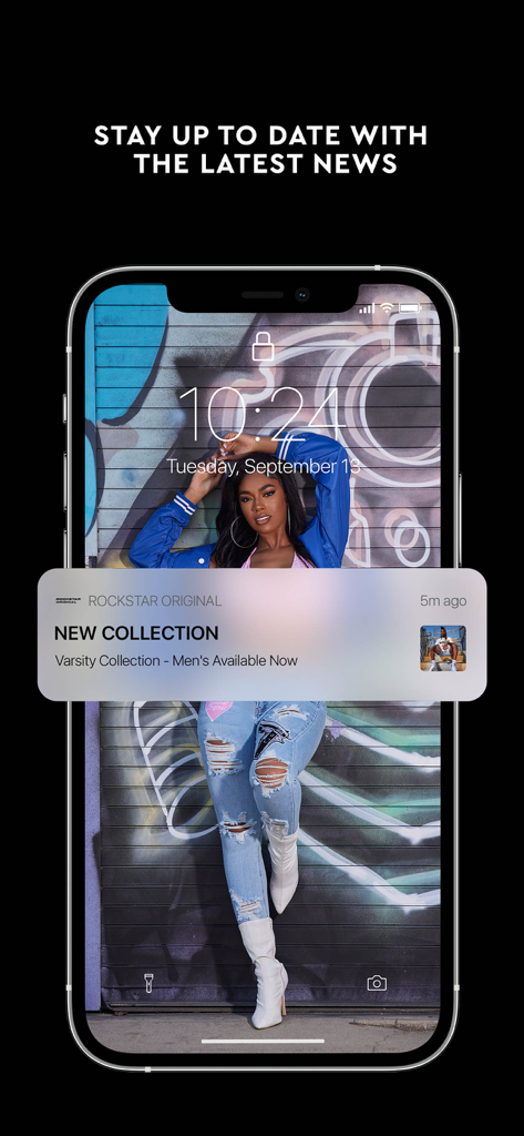 Rockstar Original - Rockstar Originalの新しいストリートウェアコレクションのドロップに関するプッシュ通知を示すスマートフォンの画面
