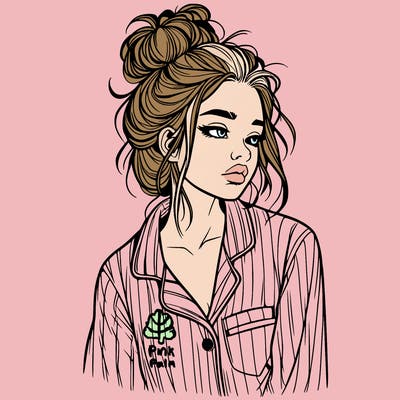 realistic woman with pajamas on and a messy bun