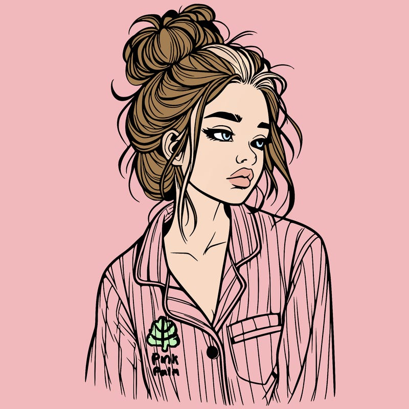 realistic woman with pajamas on and a messy bun
