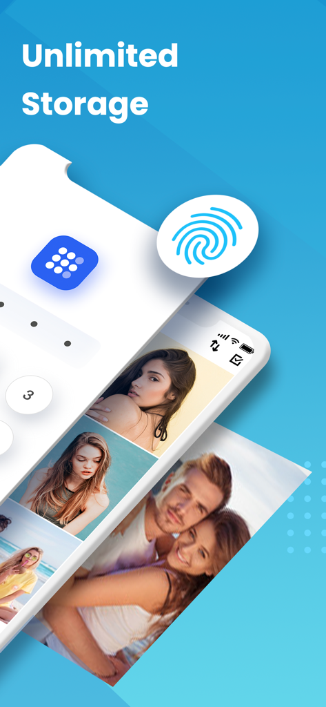 InCalc - InCalc app interface showing unlimited photo storage and biometric fingerprint security for private media