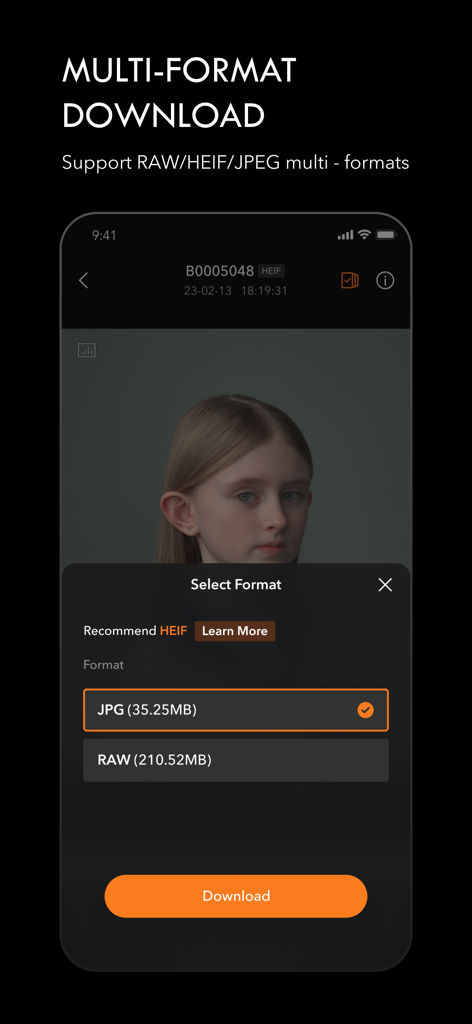 Phocus Mobile 2 - Phocus Mobile 2 app interface for selecting photo download formats