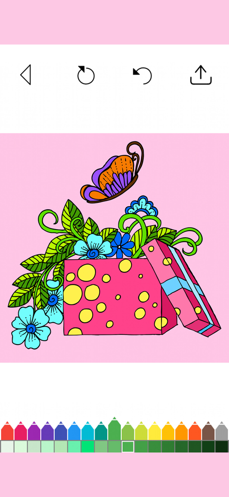 Digital coloring page showing a butterfly and a gift box with flowers