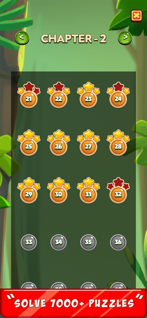 Pantalla de selección de nivel de Mahjong Quest para el Capítulo 2 que muestra el progreso del puzzle y las estrellas