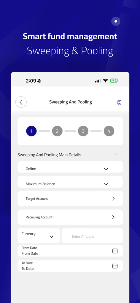 AIB Online - Pantalla de la aplicación AIB Online para la configuración de la gestión de fondos de barrido y agrupación.