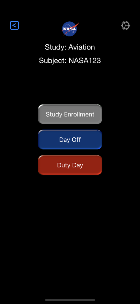 NASA PVT+ - NASA PVT plus app aviation study menu screen showing enrollment day off and duty day buttons